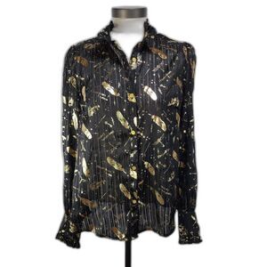 Harry Potter Women's Sheer Black Button-Up Blouse with Gold Feathers Size M